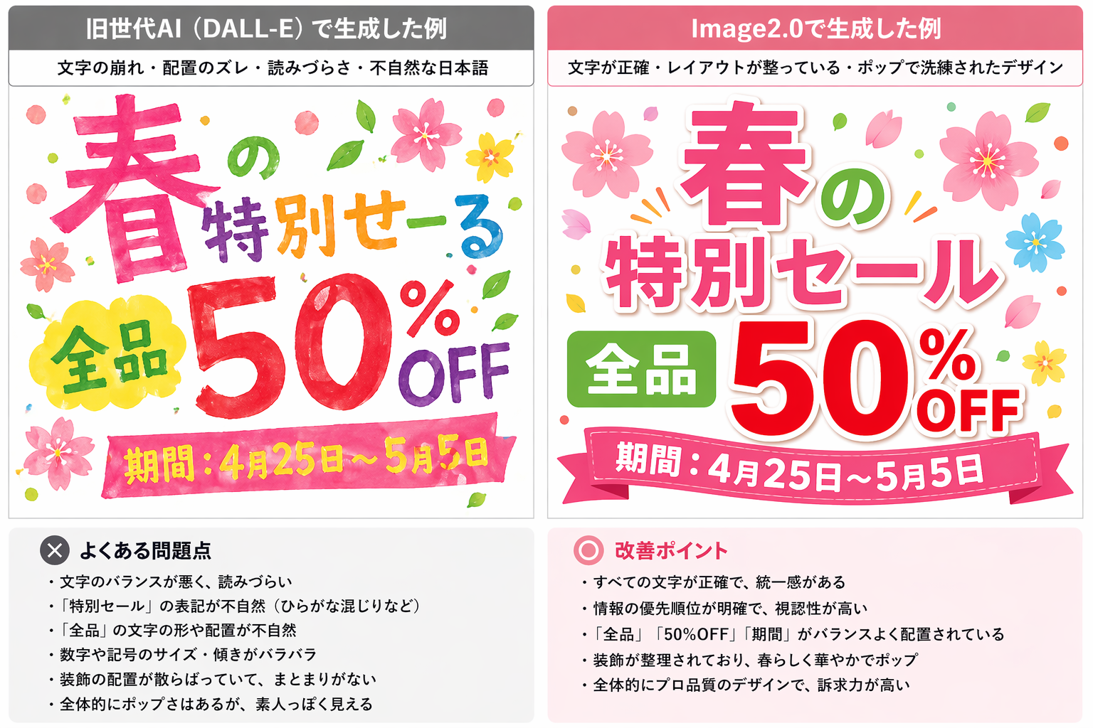 同一プロンプトでのDALL-E 3（左）とChatGPT Image2.0（右）の比較：日本語テキスト入りポスター
