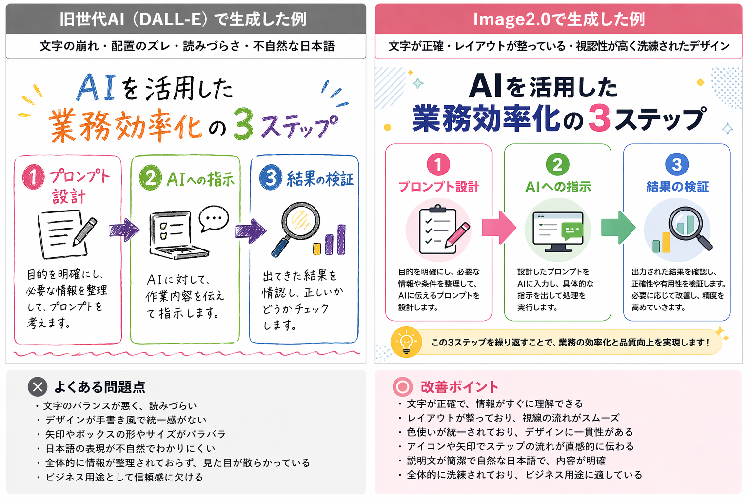 同一プロンプトでのDALL-E 3（左）とChatGPT Image2.0（右）の比較：日本語インフォグラフィック