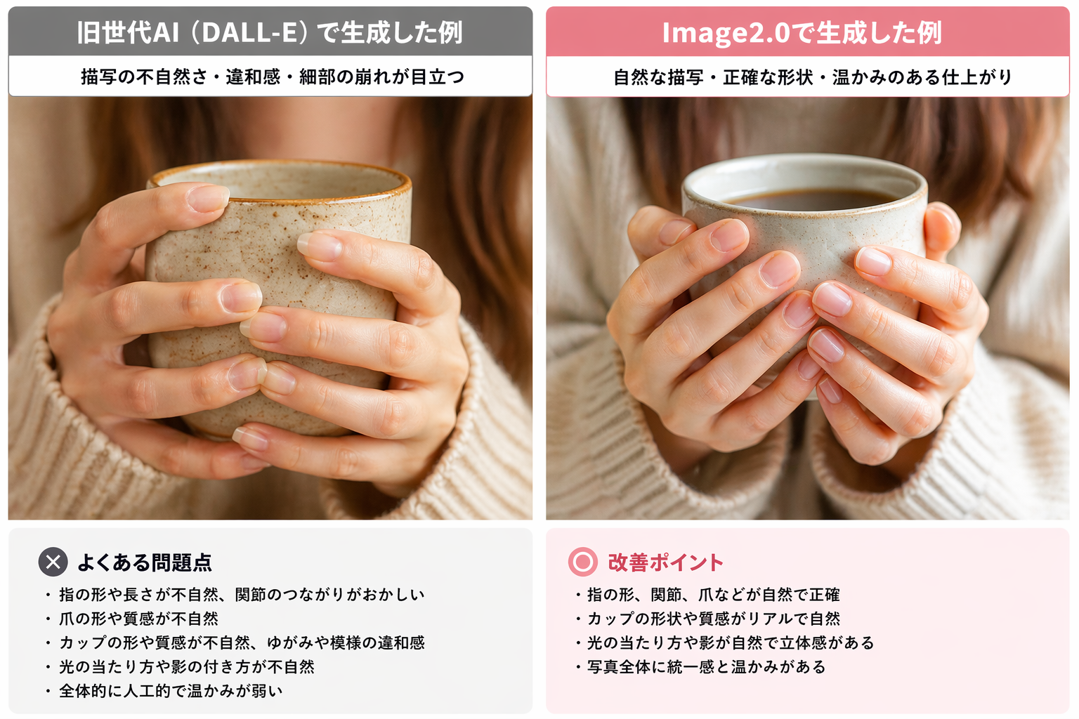 同一プロンプトでのDALL-E 3（左）とChatGPT Image2.0（右）の比較：人物の手のアップ写真