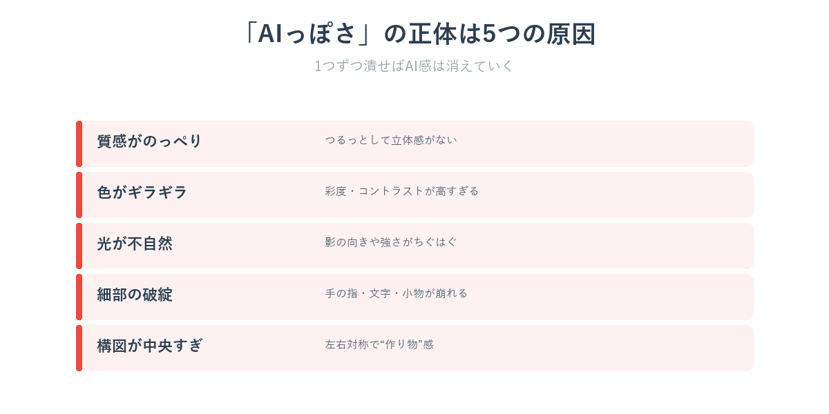 AIっぽさの正体5つの原因（のっぺり・ギラギラ・光・破綻・中央構図）