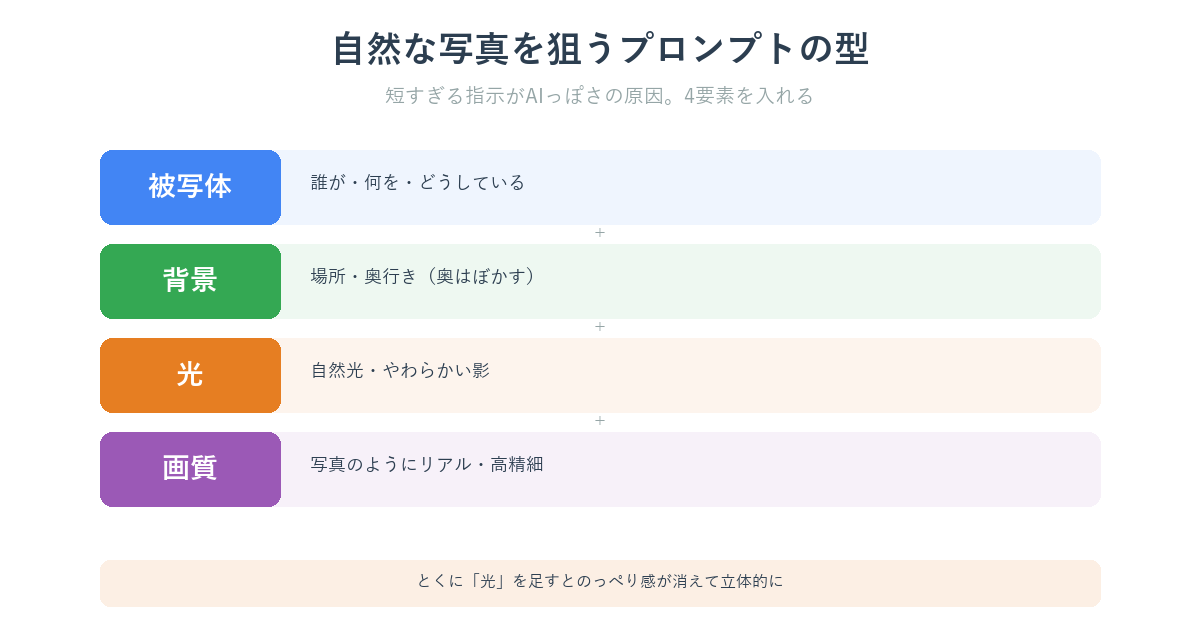自然な写真を狙うプロンプトの型（被写体・背景・光・画質）