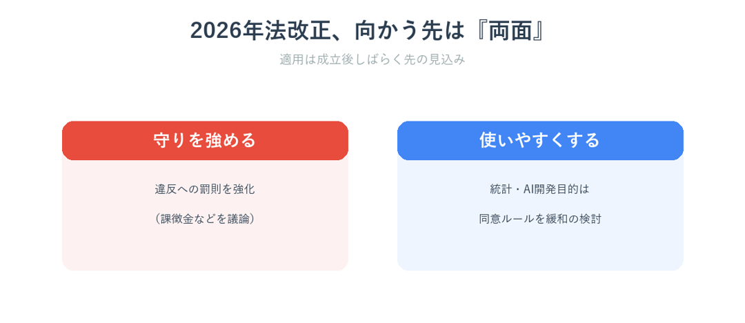 2026年個人情報保護法改正の方向性（罰則強化と利活用緩和の両面）を示した図