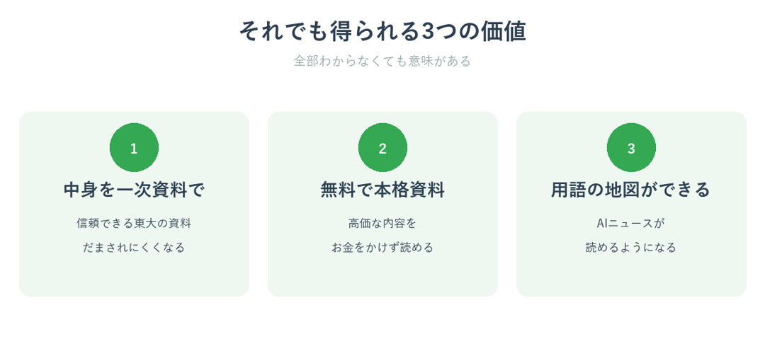 難しくても非エンジニアが松尾研資料から得られる3つの価値を示した図