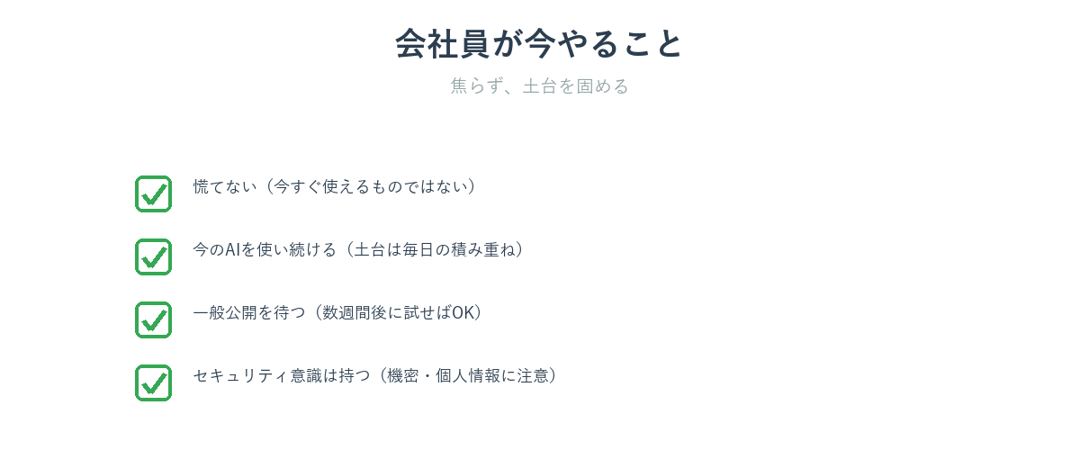GPT-5.6のニュースを受けて会社員が今やること4つを示した図