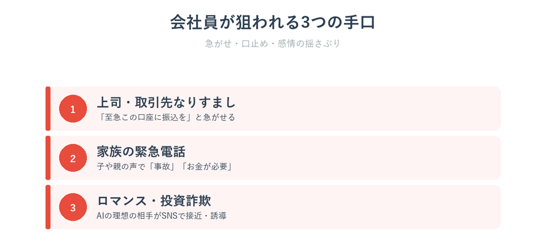 会社員が狙われるAIなりすまし詐欺の3つの典型手口を示した図