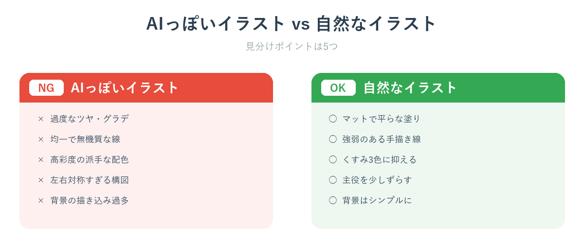 AIっぽいイラストと自然なイラストのBefore/After比較（ツヤ・線・配色・構図・背景の5点）