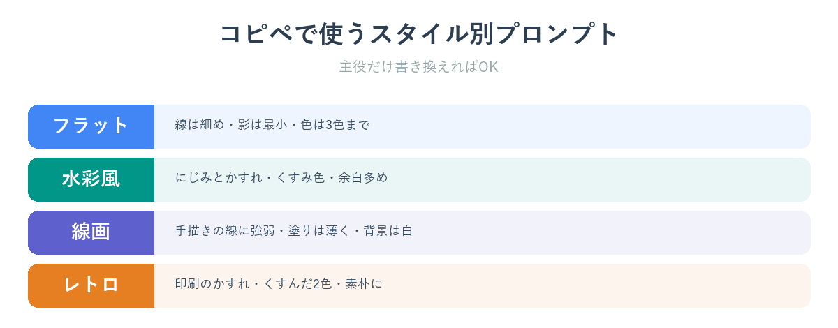 フラット・水彩・線画・レトロのスタイル別プロンプト早見表