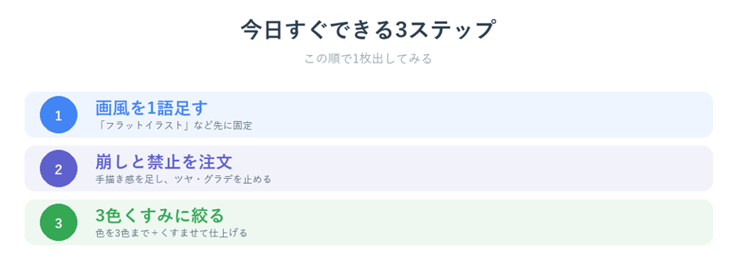 画風を1語足す・崩しと禁止を注文・3色くすみに絞る、の今日すぐできる3ステップ