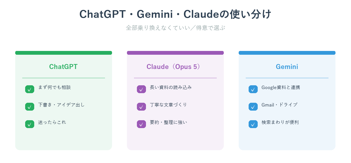 ChatGPT・Gemini・Claude Opus 5の使い分けマップ:用途別に得意なAIを選ぶ
