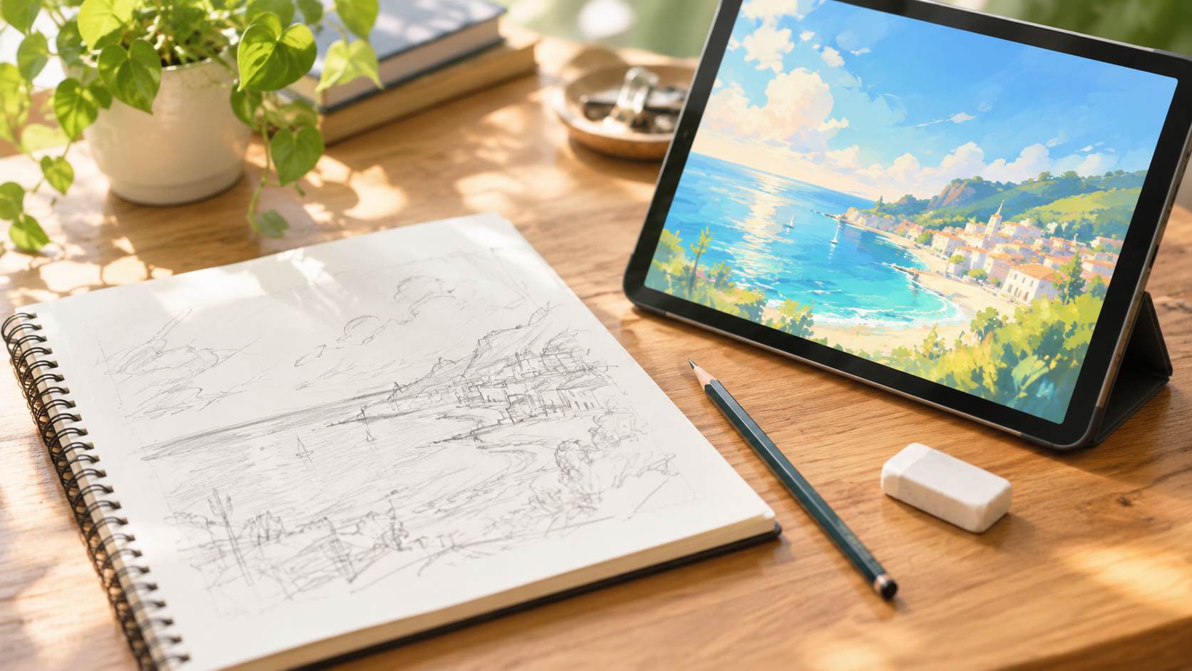 手描きラフとタブレットに仕上がった風景画