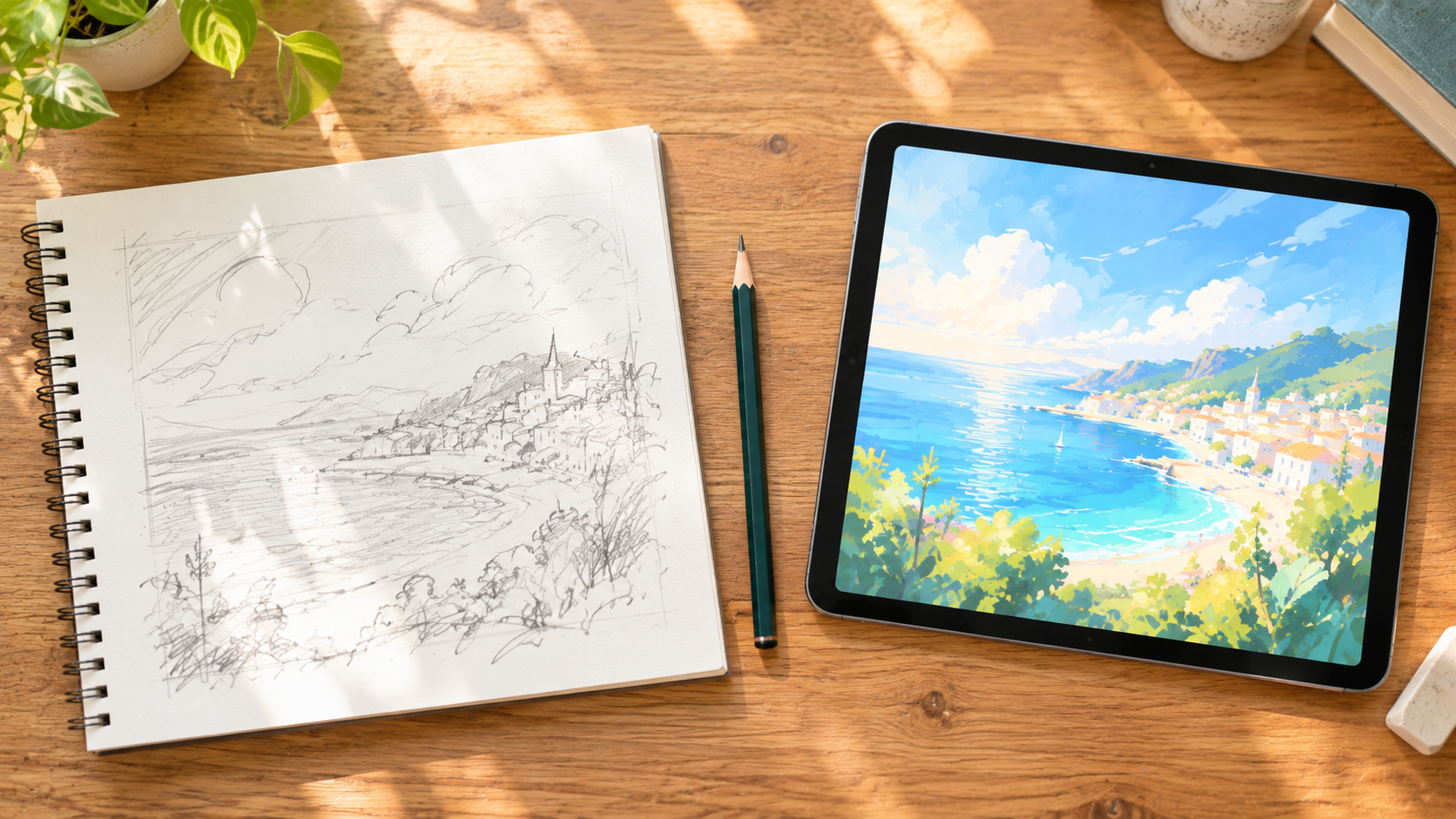 スケッチブックの手描きラフと、それを画像化したタブレット画面