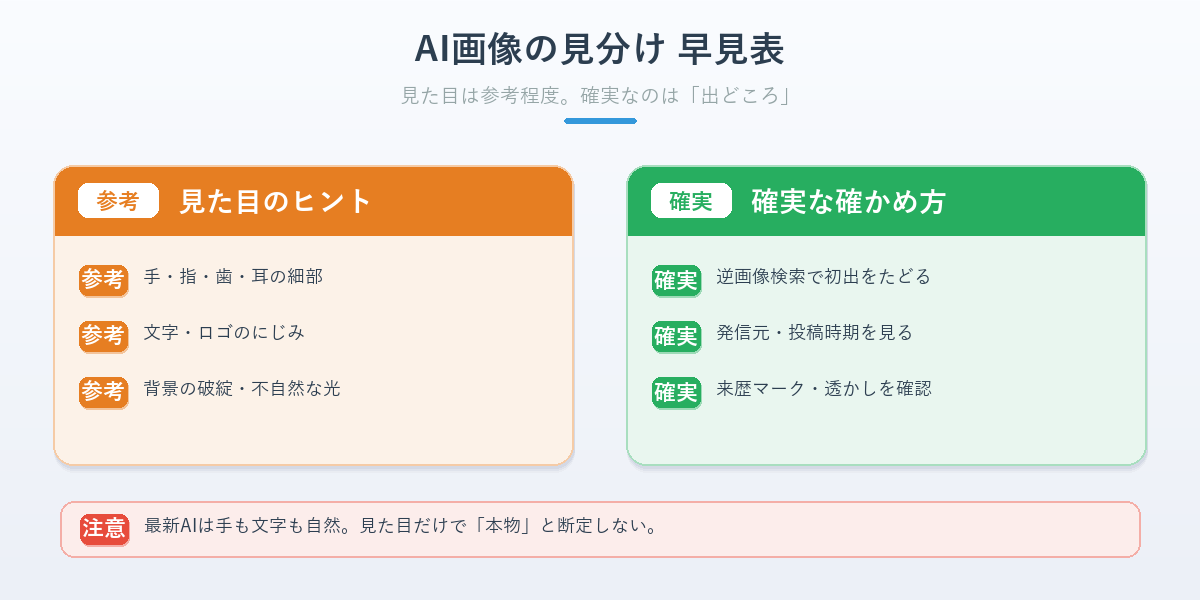 AI画像を見分けるチェックポイントと、見た目に頼りすぎない注意をまとめた早見表