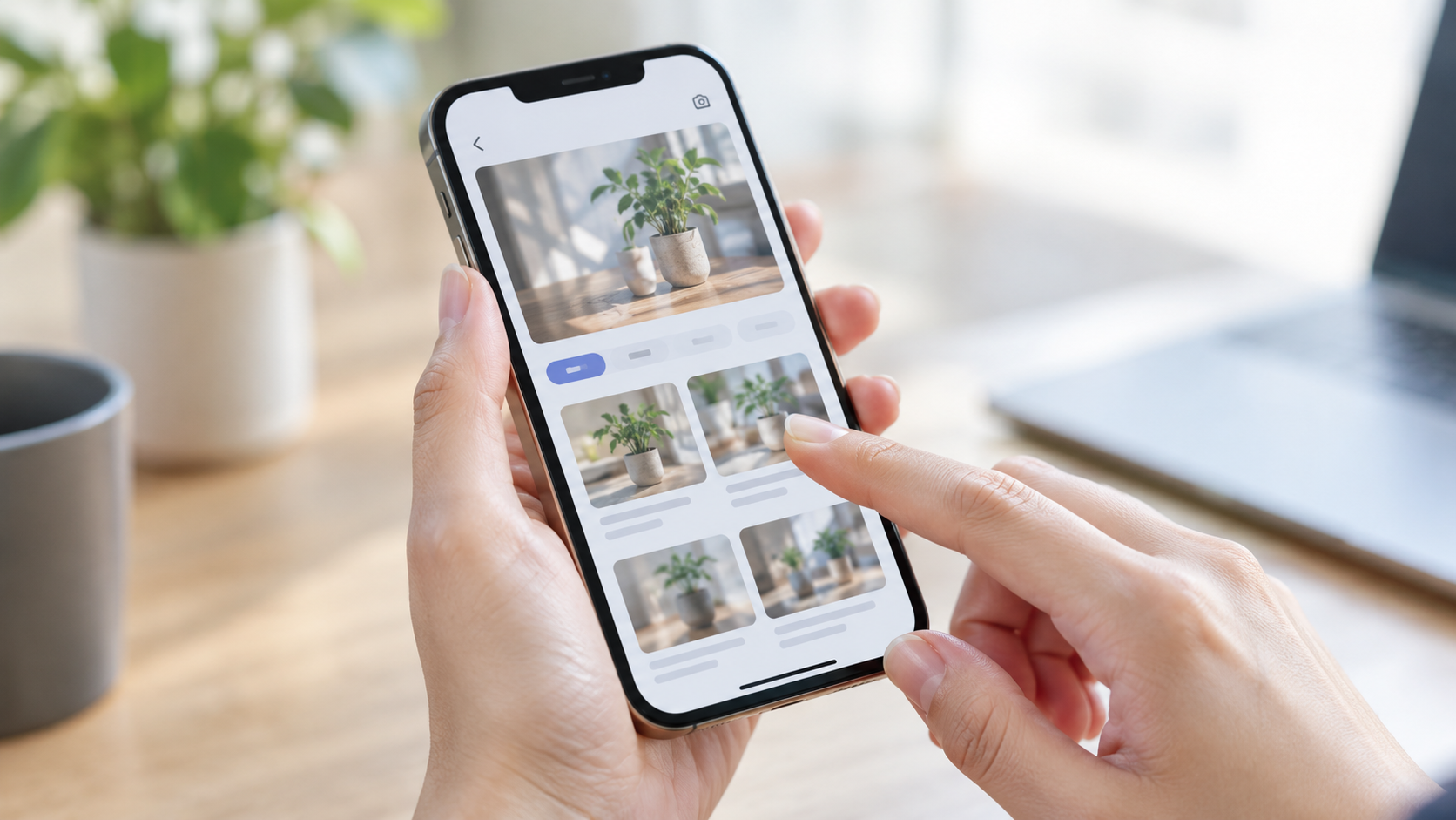 スマホで画像の出どころを逆画像検索で確かめている手元と画面