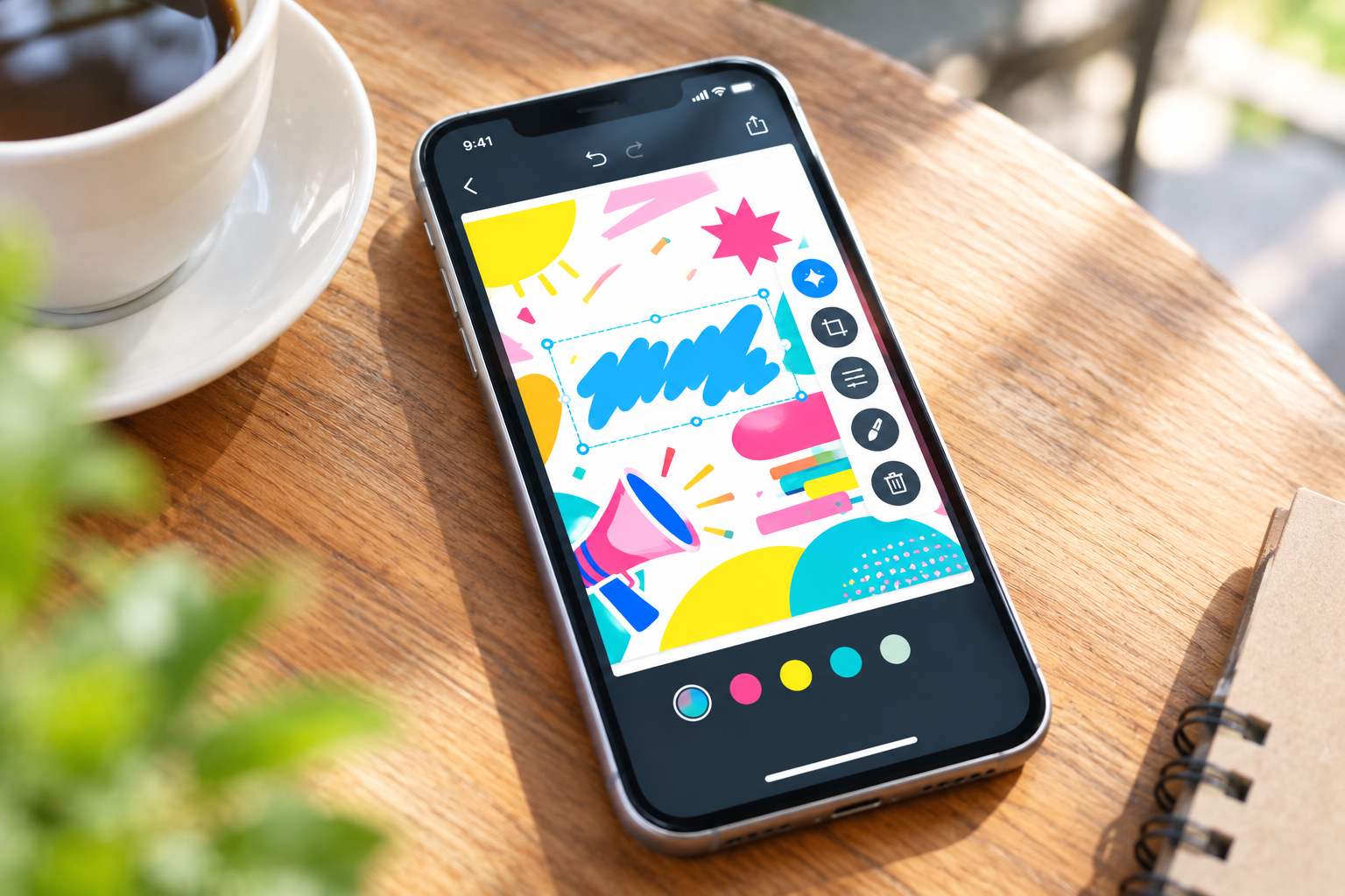カフェのテーブルでスマホのAI画像を編集する