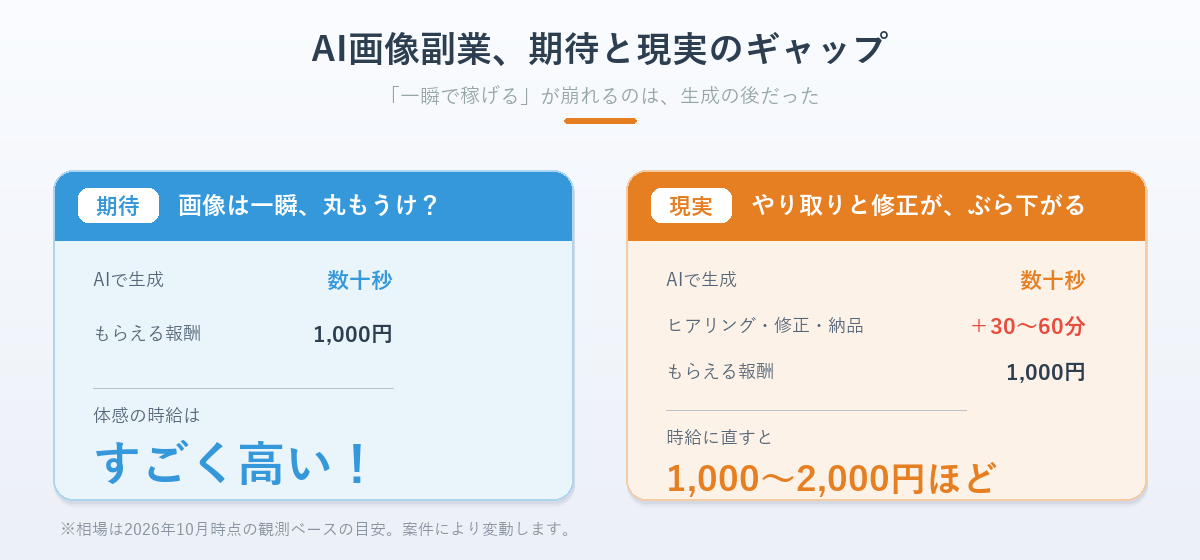 AI画像副業の期待と現実を比べた図解。画像生成は数十秒だが、やり取りと修正込みの作業時間で時給が下がることを示す