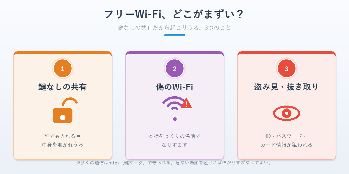 フリーWi-Fiの危険の仕組み図解。鍵なしの共有ネットワーク・偽アクセスポイント・通信の盗み見の3つのリスクを示す
