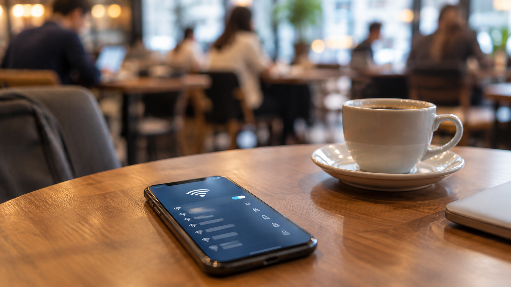 カフェのテーブルに置かれたスマートフォンとコーヒーをアイレベルの寄りで撮った写真。画面にWi-Fi接続一覧のような表示、背景に他の客がボケている